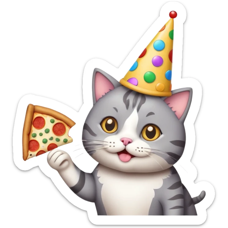 cat with a party hat, confetti around, holding a slice of pizza, college party vibe sticker