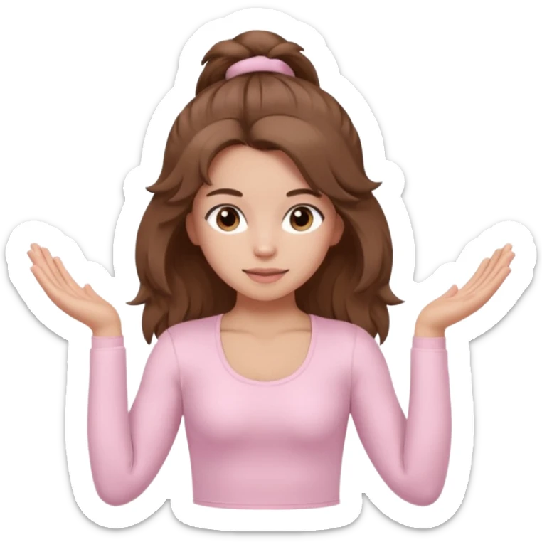 brown hair girl wearing light pink pilates clothes, fluffy medium hair and brown eyes sticker