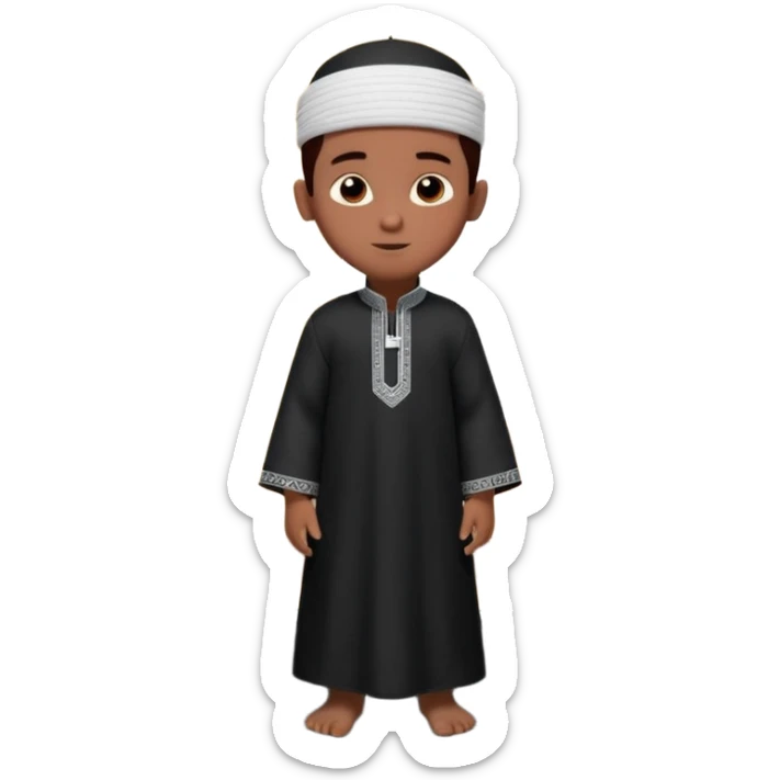 Personnage 3D mignon en style Pixar, un petit garçon portant un qamis blanc et un kufi, tenant un tapis de prière, entouré de lanternes brillantes, fond doux, couleurs chaudes, garçon teint noir TENANT UN APPAREIL PHOTO sticker