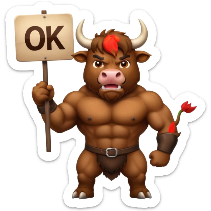 Angry powerful bull emoji holding a sign with the words OK in front of it sticker