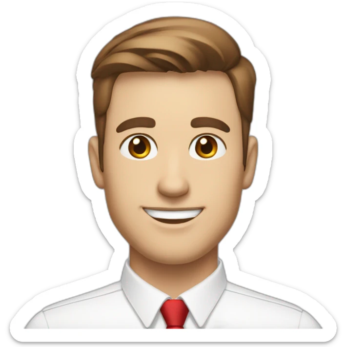 profile picture of man with long round smiling face, brown eyes and short brown hair in a white colared shirt and red tie sticker