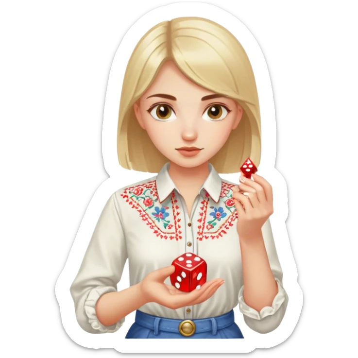 A Ukrainian girlin an embroidered shirt holds a dice in her hand sticker