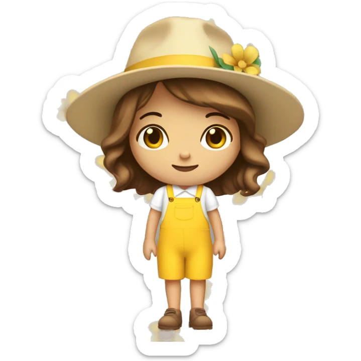 white skin, Girl with a flower in her hand, with a hat, shoulder-length brown straight hair, wearing a yellow pastel jumpsuit with white shirt in it sticker