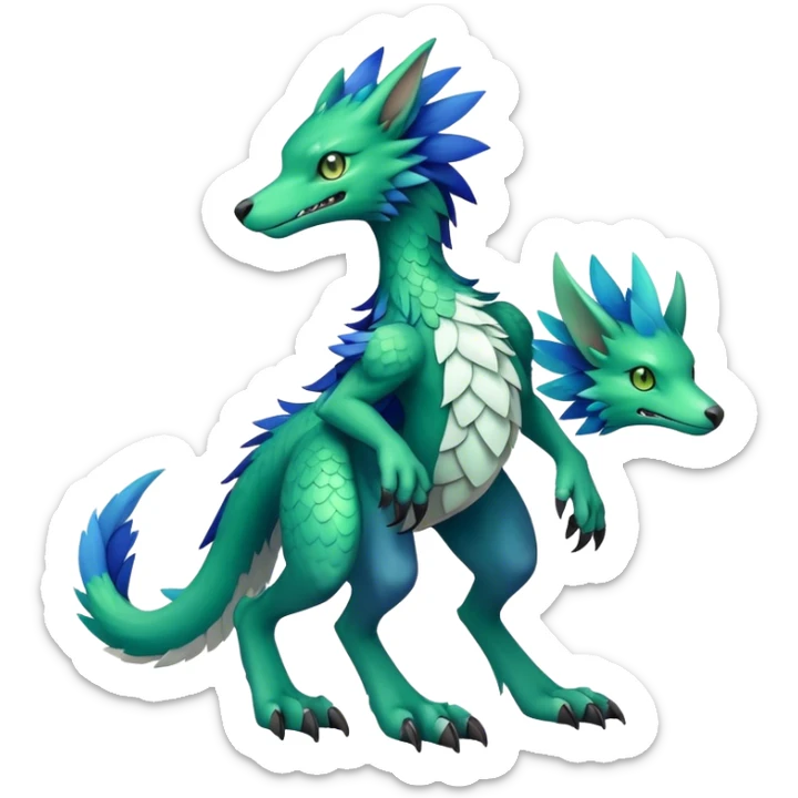 Cute cool fantasy animal hybrid Sergal-Digimon-Fakemon full body, green scales, brown eyes, blue feathers sticker