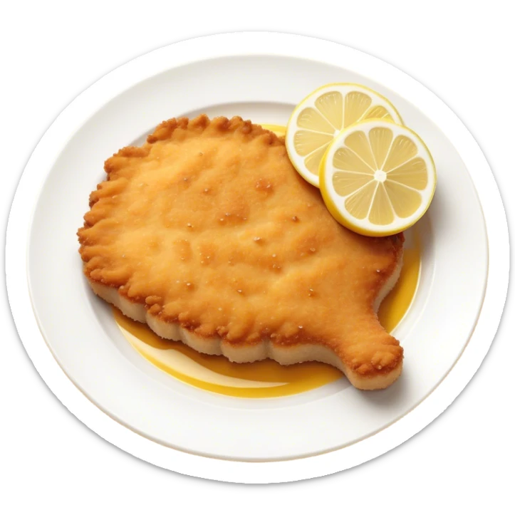 Cinematic Realistic Veal Schnitzel Dish Emoji, depicted as a golden, breaded veal cutlet served with lemon rendered with crisp textures and inviting, natural lighting. sticker
