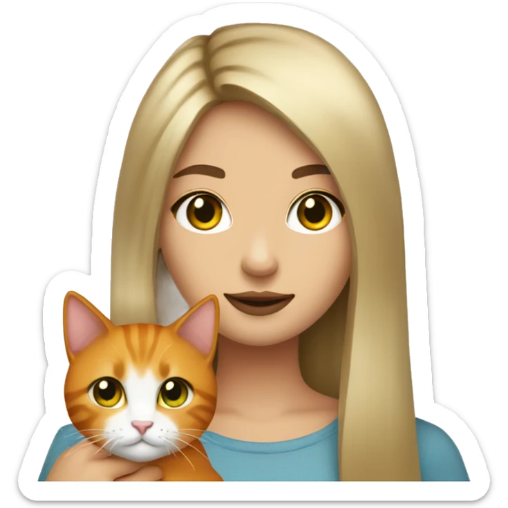 A girl with straight hair dirty   blonde de green eyes and Holding a orange cat sticker