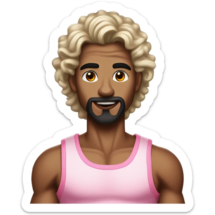 tanned, skinny, feminine-looking young man with long curly black hair, a devil-like chin beard, a big nose, black lipstick and wearing a pink tanktop sticker