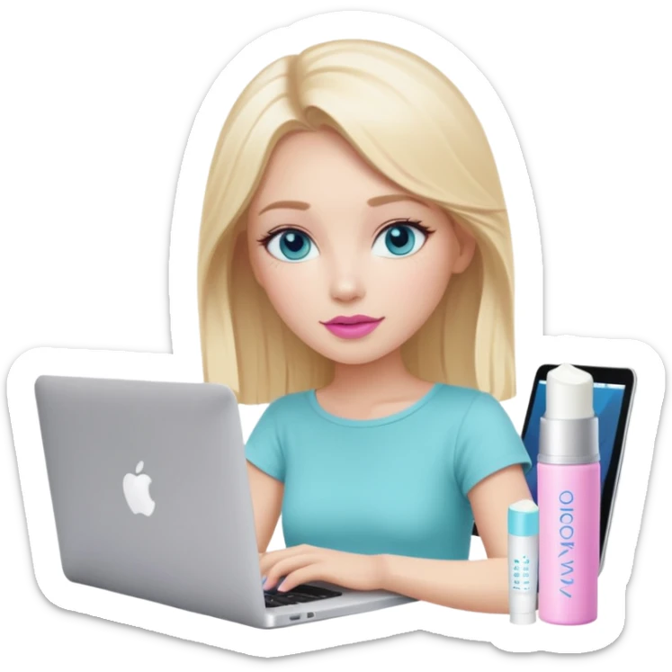 blonde long hair girl using macbook emoji. she has blue eyes and there is tatcha longevity cream (teal colour) and Summer fridays lip balm (pink sugar) in front of the laptop sticker