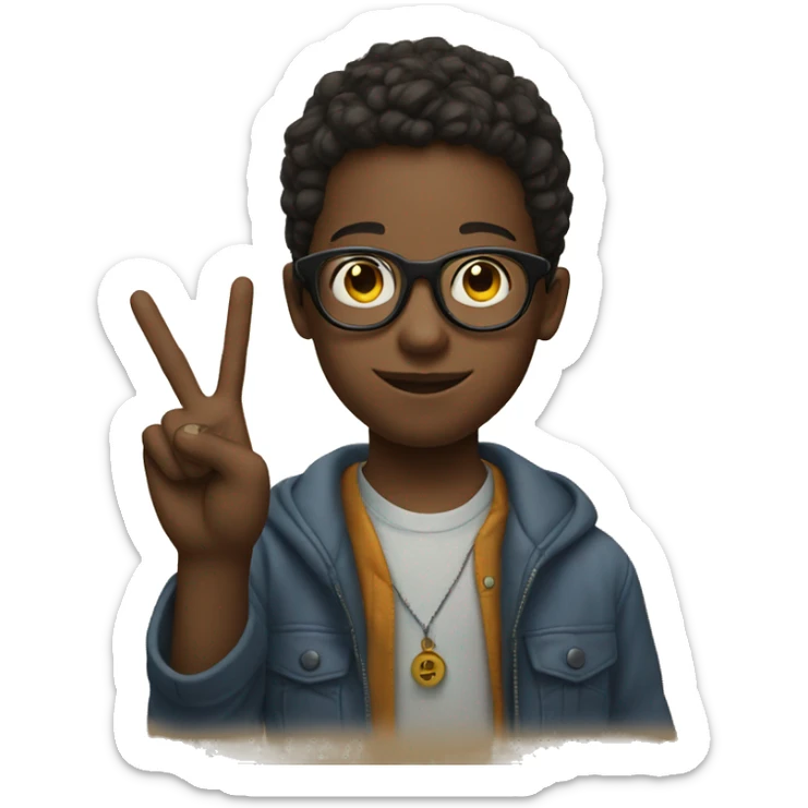 portrait of a boy with glasses holding up a peace sign with his fingers sticker