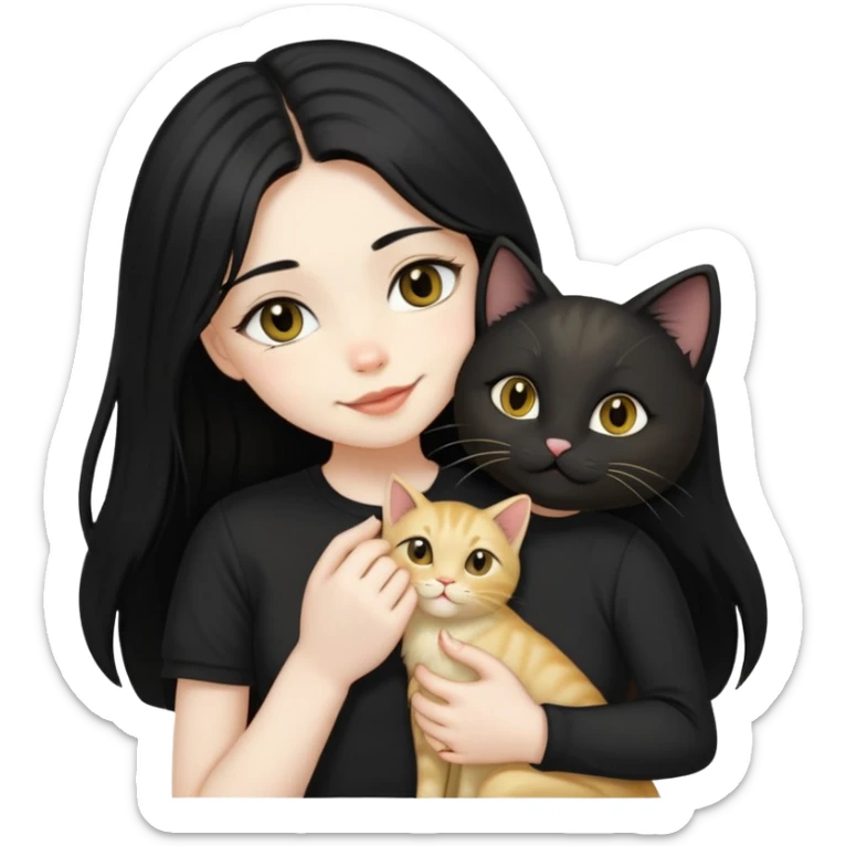 pale girl  with dark eyes and long black hair wearing black shirt kissing light gold cat holding smiling cat sticker