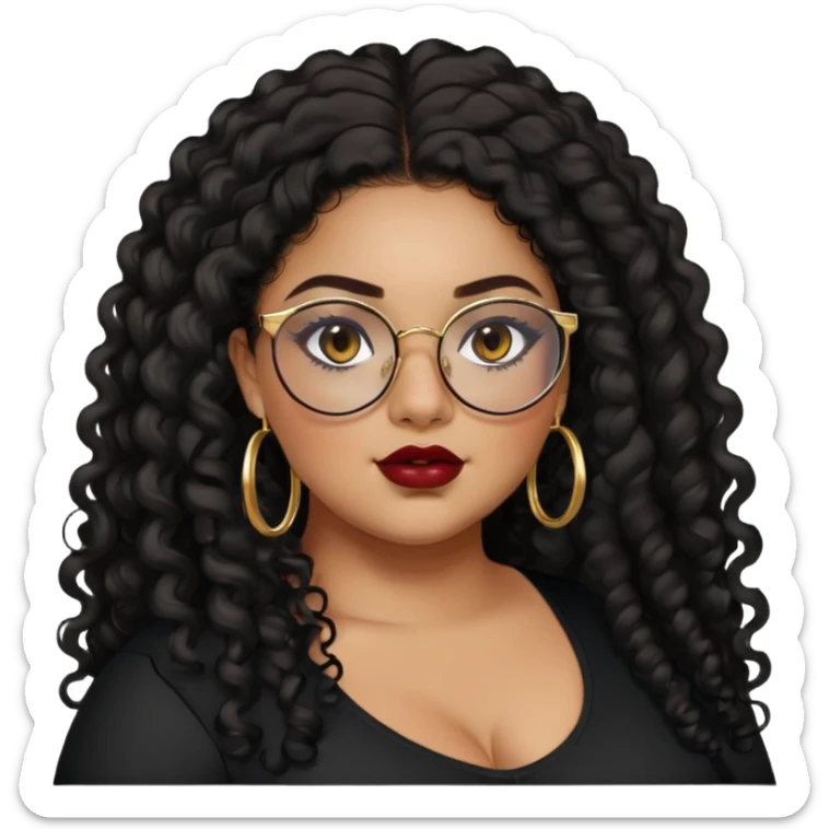 teen big plus size, latina, darker tan skin, gold hoops, long black curly hair, baddie,pretty, makeup, dark red lipgloss, black eyeliner, long hair, black shirt, BLACK glasses sticker