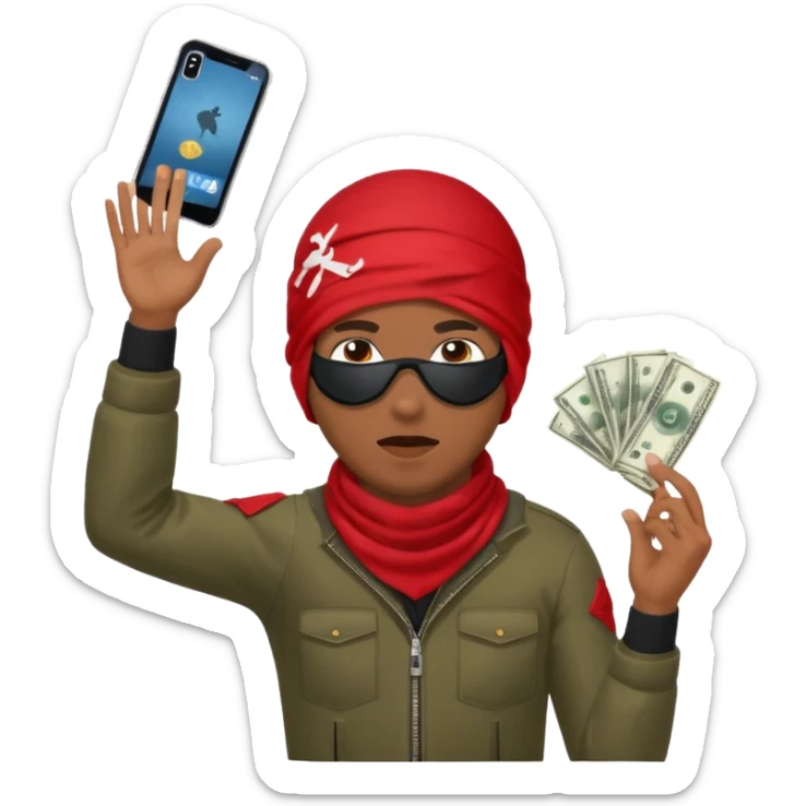 Brown skin Robber with ski mask and ar-15 in red bandana outfit throwing money in the air sticker