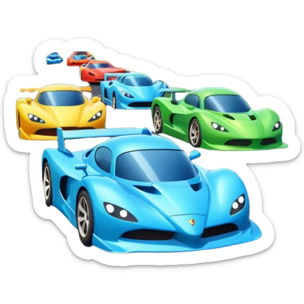 A busy highway with cute fast-moving racing cars with active aero canards surrounded by green fields and distant mountains under a bright blue sky sticker