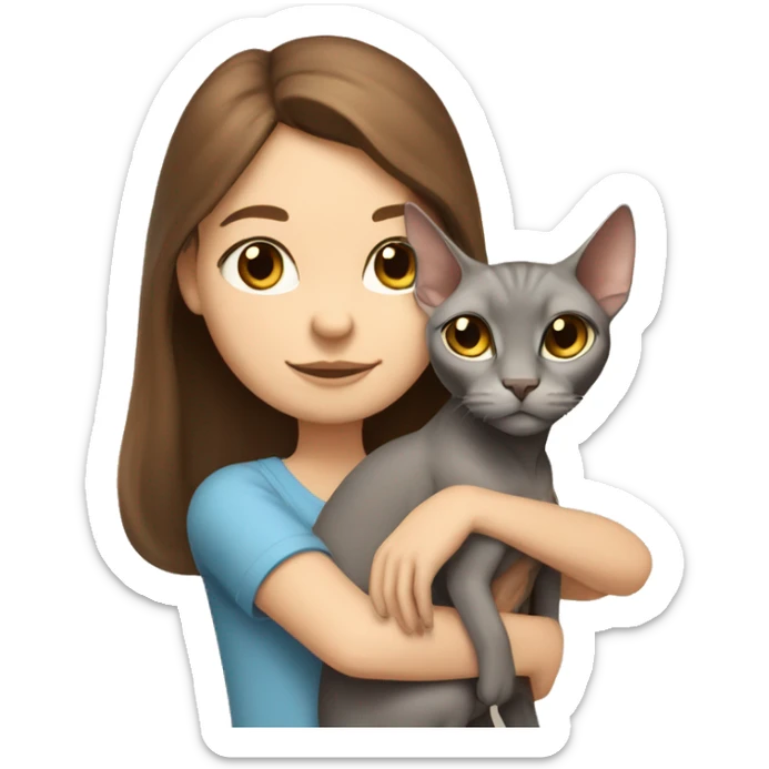 A girl with brown hair hugs a sphinx cat of light gray color with a white nose sticker