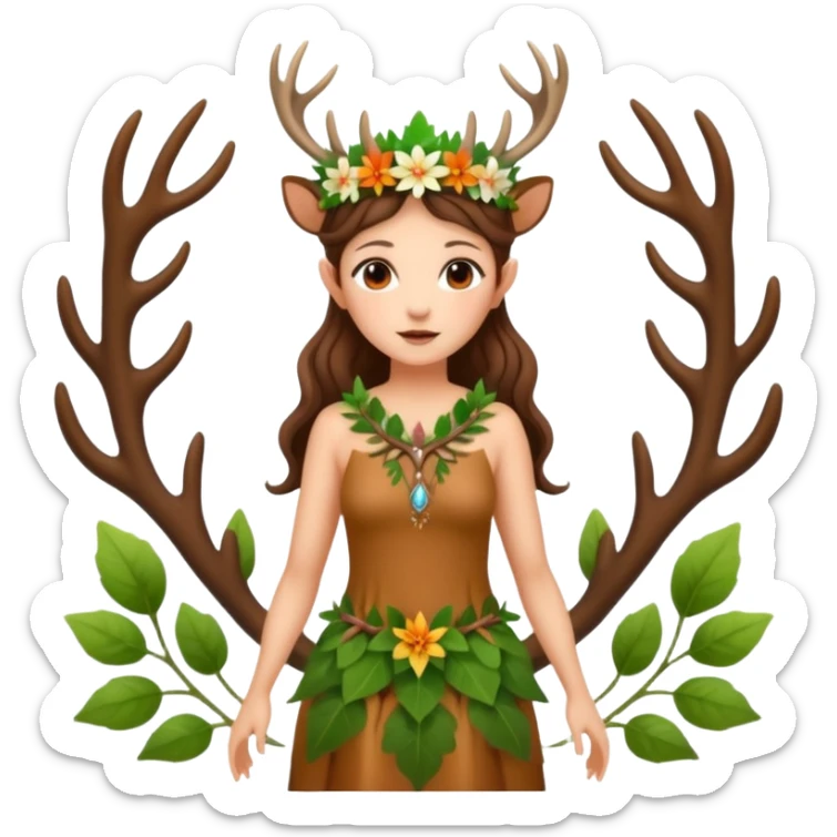 forest fairy woman dressed as deer spirit, antler crown and leaf dress, standing in flowers sticker