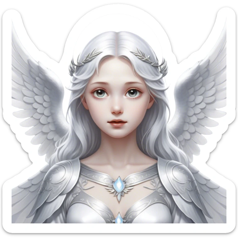 Cinematic Angel, Ultra realistic 32k HD, Breathtaking piece of art, rim lighting, hauntingly beautiful art, mostly greyscale, Balanced features, highly detailed digital artwork, glowing with silver light, glowing, high shine, deviant adoptable, highly detailed clothing, remembrance, a painting of white silver, fanciful, enchanting, ghostly, embodying the essence of both reality and fantasy, dreamy, dreamy glow, optical illusion, immaculate composition, complex pose, air composition. The image is so lifelike that it feels as though it could leap off the canvas at any moment sticker
