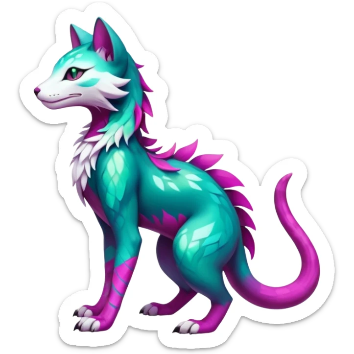 Kawaii colorful iridescent dark-turquoise-green and magenta and white beautiful pretty elegant divine edgy feline-vernid-sergal-Fakémon-Pokémon-fursona-animal-creature with accessories, full body, with intricate detailed markings sticker