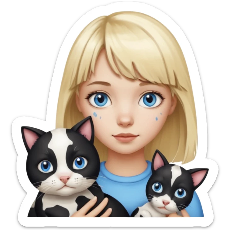 Cute cat black and white stain like a cow in the arms of a blond girl with bangs and blue eyes sticker