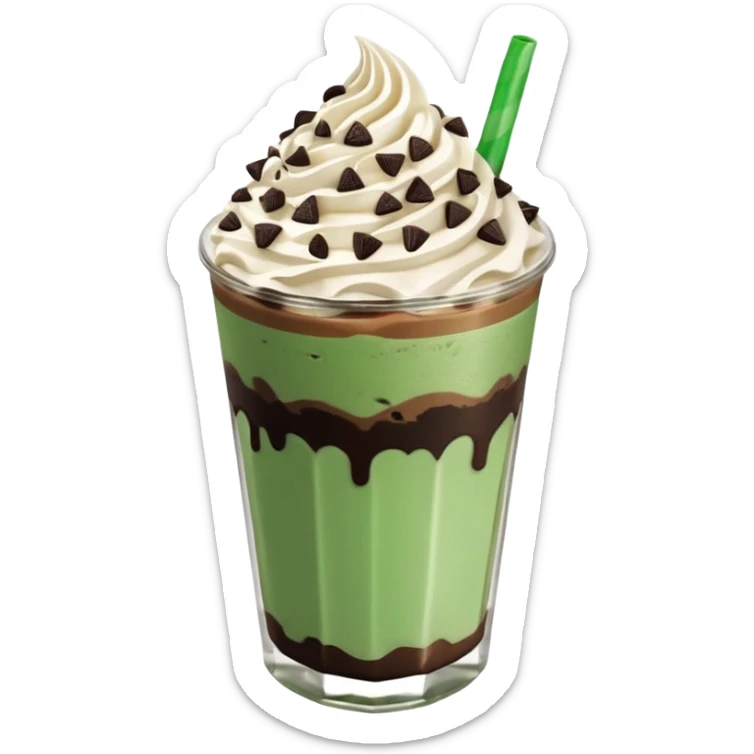 Vaso de vidrio con Frappé color café, crema en la parte superior con popote verde insertado en la crema, agregar encima de la crema chispas de chocolate. Colocar arriba de la crema insertada una galleta tipo oreo. sticker