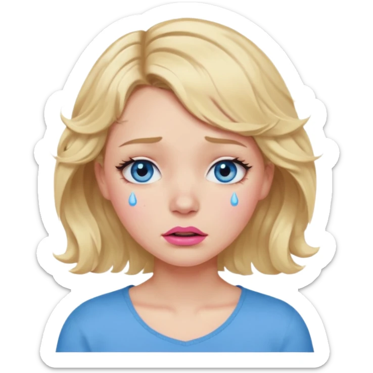 Girl Blonde short wavy hair,  blue eyes, cute blue top, long lashes, pink lips,crying with big tears running down the face  sticker