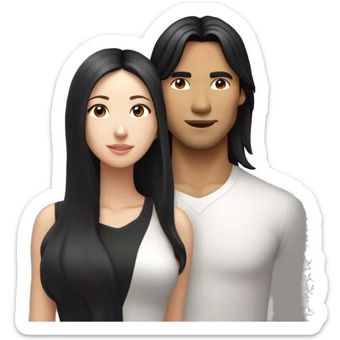 Asian man with long black hair kissing white girl with brunette shoulder length hair  sticker