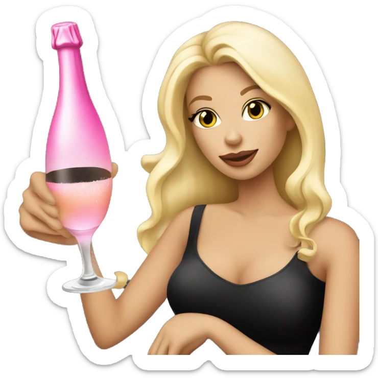 Pretty blonde lady with flowing hair drinking pink champagne and black t-shirt no cleavage sticker