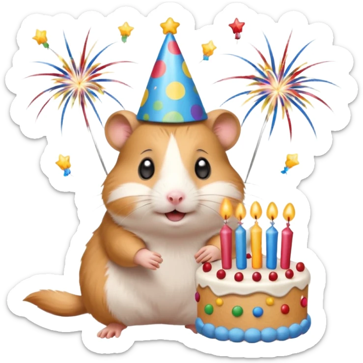 A hamster celebrating a birthday by throwing fireworks in front of a cake. sticker