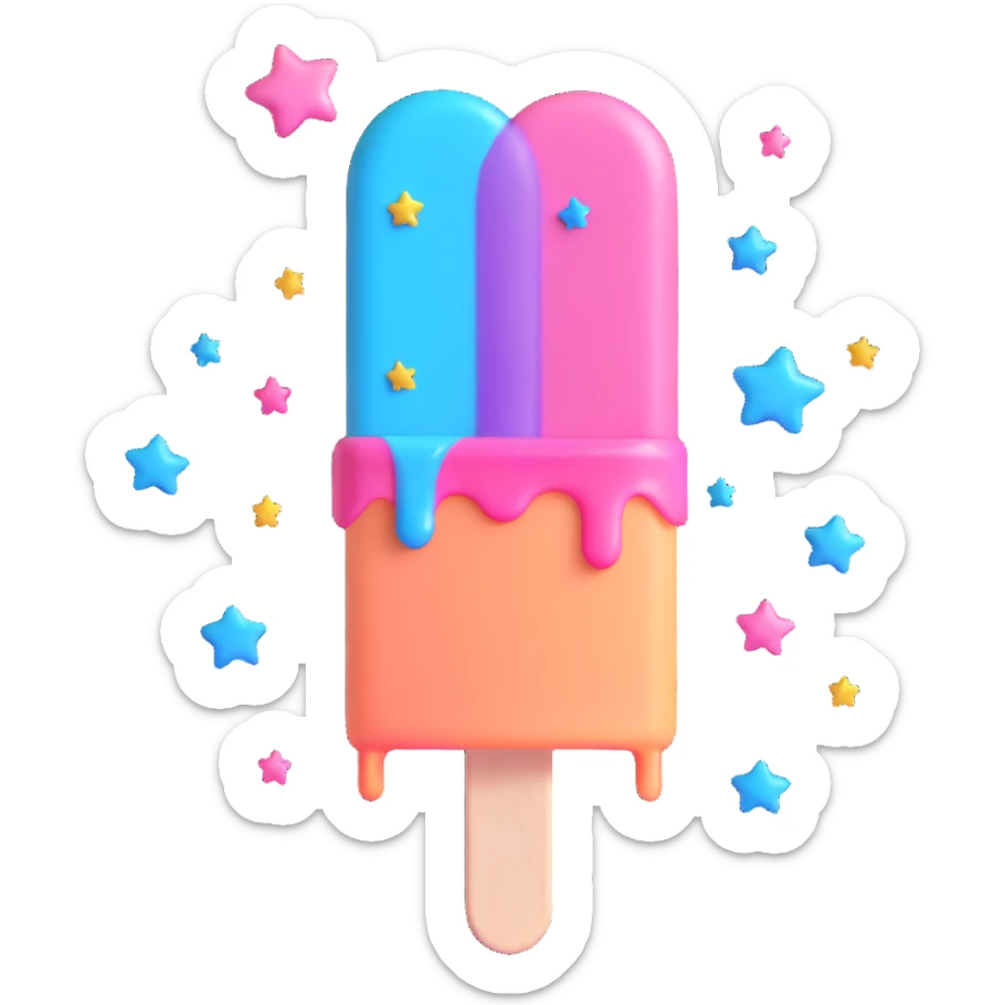 A 3D iOS style emoji of a melting popsicle with a pink and blue color scheme, surrounded by stars and sparkles. sticker