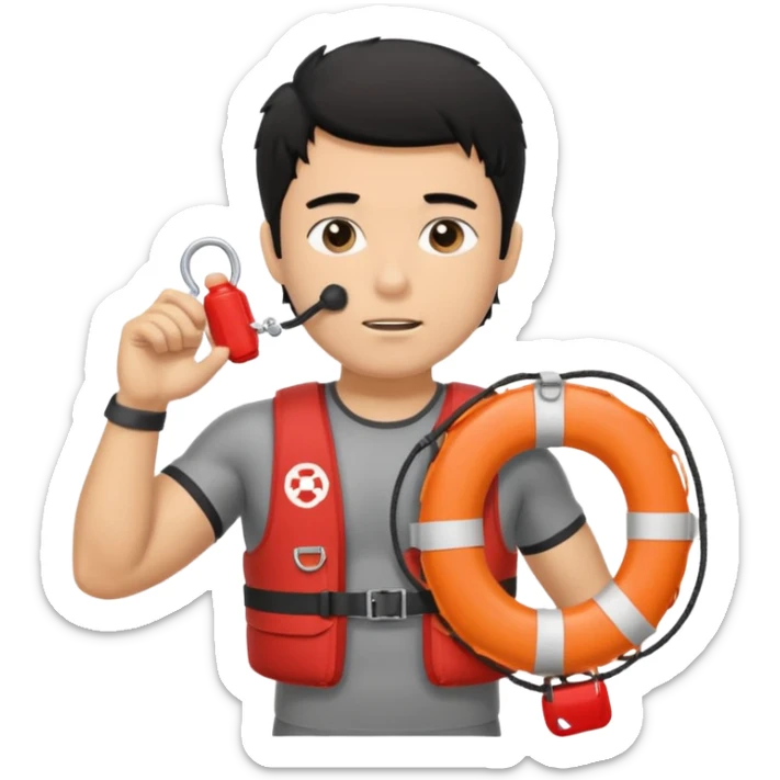 Dark Tan Muscular lifeguard with messy black hair with whistle hand, life preserver sticker