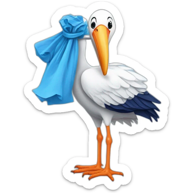 White stork carrying a blue bundle of cloth in its beak that has a human baby with dark hair and the baby face and head is peeking from the cloths bundle the strok is carrying with its beak sticker