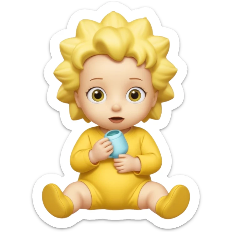 A 3D cartoon baby character entirely yellow, styled like Maggie Simpson, with pacifier, yellow onesie, big eyes, smooth shading, Memoji-style rendering, consistent with other yellow Simpsons characters. sticker