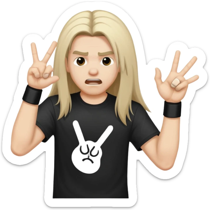 A person headbanging with long hair, wearing a black band t-shirt, making rock hand gesture sticker
