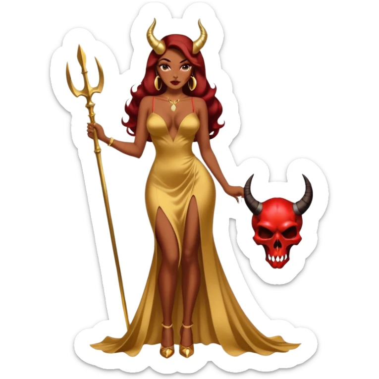 Sexy, playboy woman brown courtly hair seductress devil horns gold long dresss with slit, Jessica rabbit style holding a skull  sitting on top of gold wearing tall platform heels sticker
