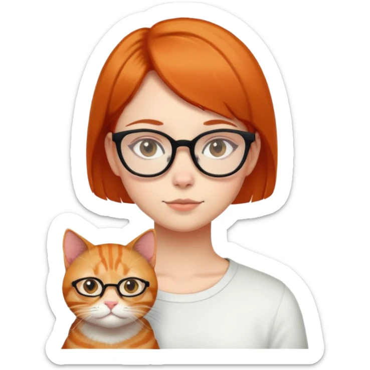 a  girl with glasses  black  straight Short hair and ginger cat. sticker