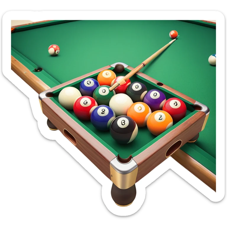 A close-up of a pool cue aimed at a set of colorful billiard balls resting on a green felt table. The focus is on the cue stick and the arrangement of balls, with subtle details of the game’s texture and atmosphere, emphasizing the precision and skill of billiards. sticker