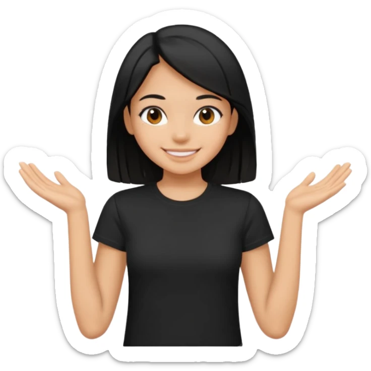 a pretty bratz girl with straight black hair,  wearing a black tshirt sticker