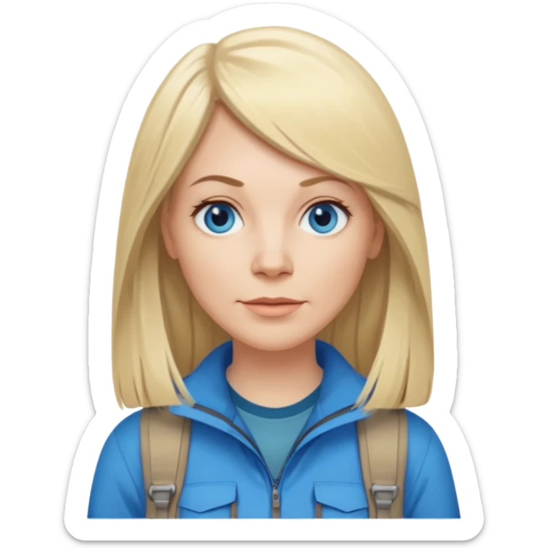 45 yr old white woman, pale skin, long straight blond hair parted in center, blue eyes, bangs, clothes for hike sticker