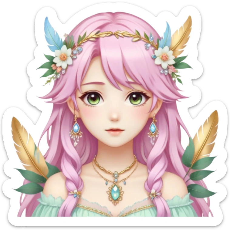 Beautiful gorgeous anime lady with beautiful pastel-special-hair, fashion aesthetic, ethereal, fairycore, pastelcore, feather, flower, crystals, accessories, gold jewelries, gold, colorful, gold laurel, gold halo, cottagecore,  sticker