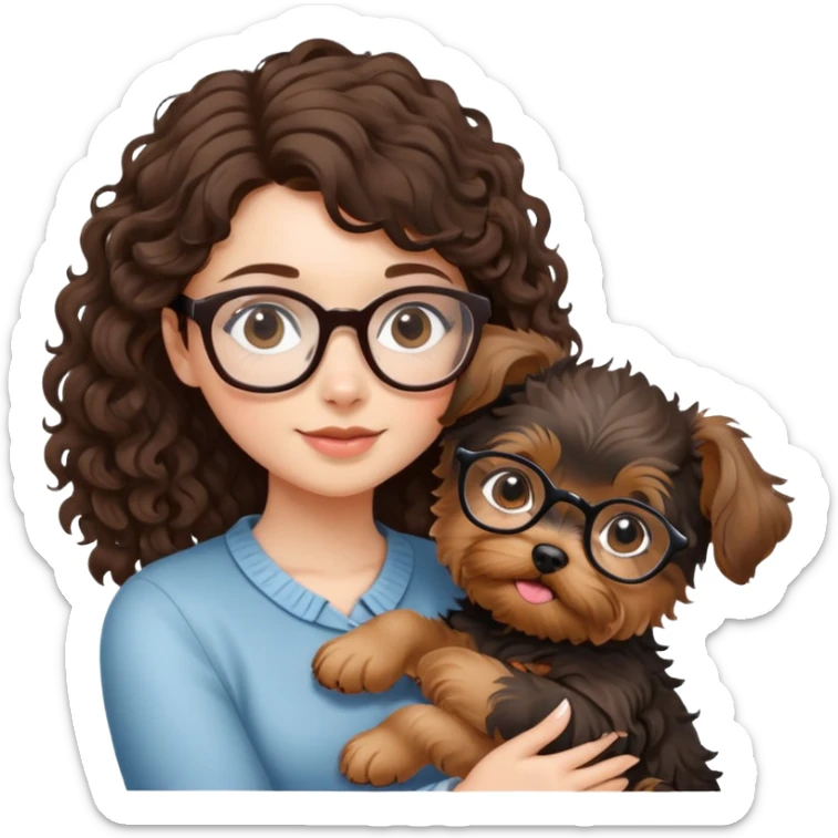 Brunette girl with glasses and curly hair embracing a yorkshire terrier puppy sticker