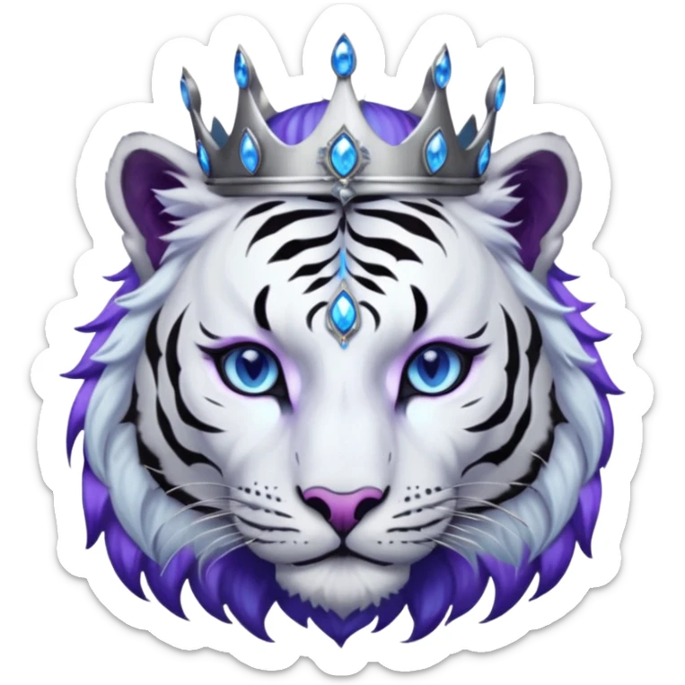 ESO Female white/black tiger khajiit leader of the umbral rose, glowing blue eyes, glowing blue 'third eye' gem; purple gemmed silver crown/tiara sticker