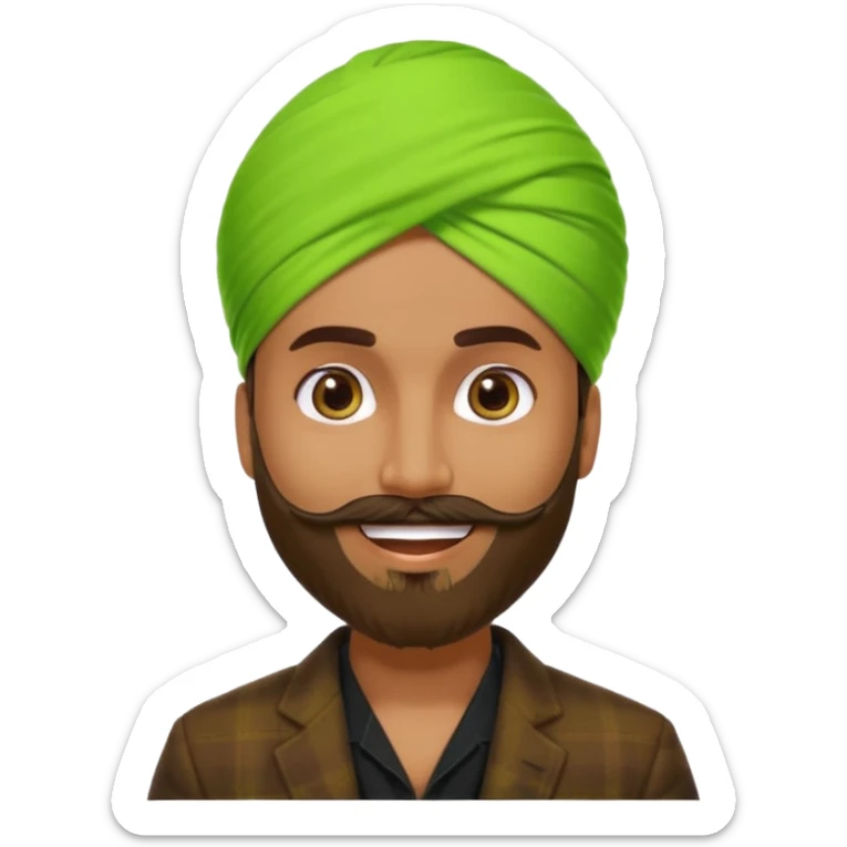 a pretty bratz emoji that looks like a bearded Akshay kumar wearing a neon green turban. Wearing a dark brown flannel blazer with black tshirt underneath.
he should resemble akshay kumar. smiling big sticker