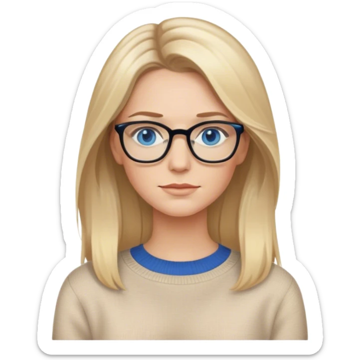 Hyper Realistic Adult White women, long blonde balayage hair, no smile, beige sweater, blue eyes and glasses  sticker