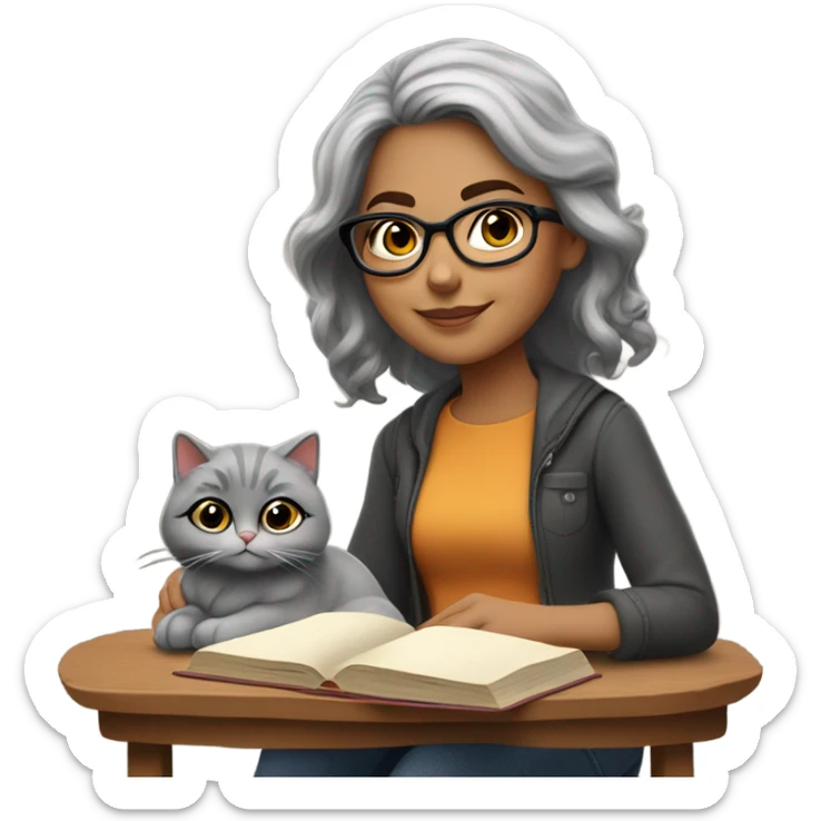Beautiful Hispanic girl, wearing glasses, shoulder length gray hair, sitting with a cat and book on her lap.  She’s wearing fall colors.  sticker