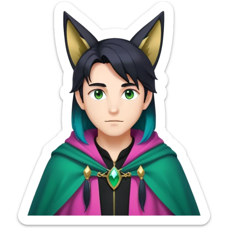 anime man with long-straight-dark-black-gradient hair with green accents, long black fox ears with pink Scapha, hazel-gradient-brown-turquoise eyes, gold earring, dark-blue-sweater, green cape,  sticker