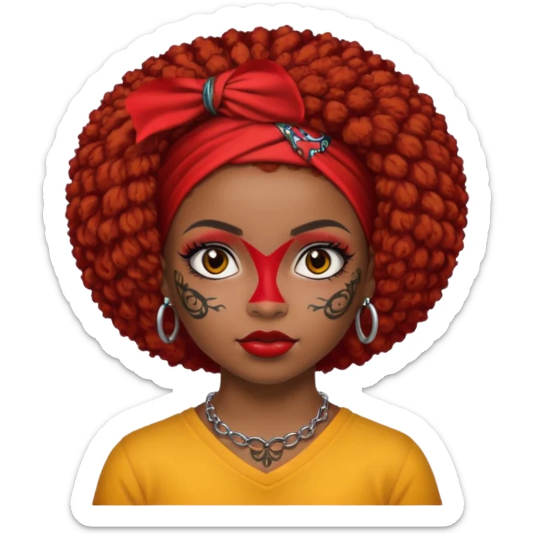 afro hair with red head bandana and lots of face tattoo black skin girl sticker