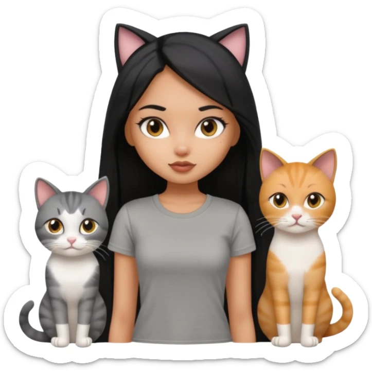 a pretty bratz dusky girl with long straight hair with four cats nd wearing a grey tshirt sticker