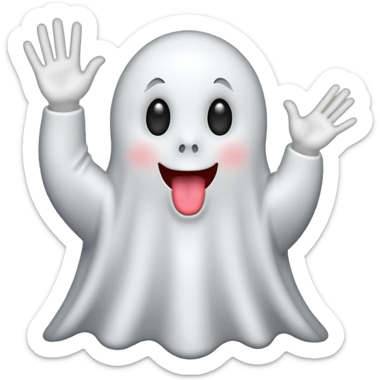 ghost emoji with tongue out with one hand up and one down and 6 above the left hand and 7 above the right hand sticker