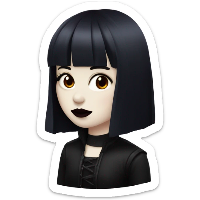 goth girl that has pale white skin and Long Dark Red hair and has dark red fringe bangs and has dark lipstick sticker