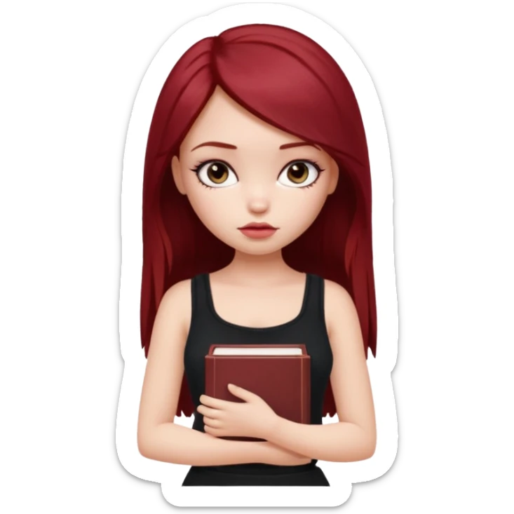 a pretty bratz fair girl with dark red straight hair, black cami top, looking sad holding books sticker