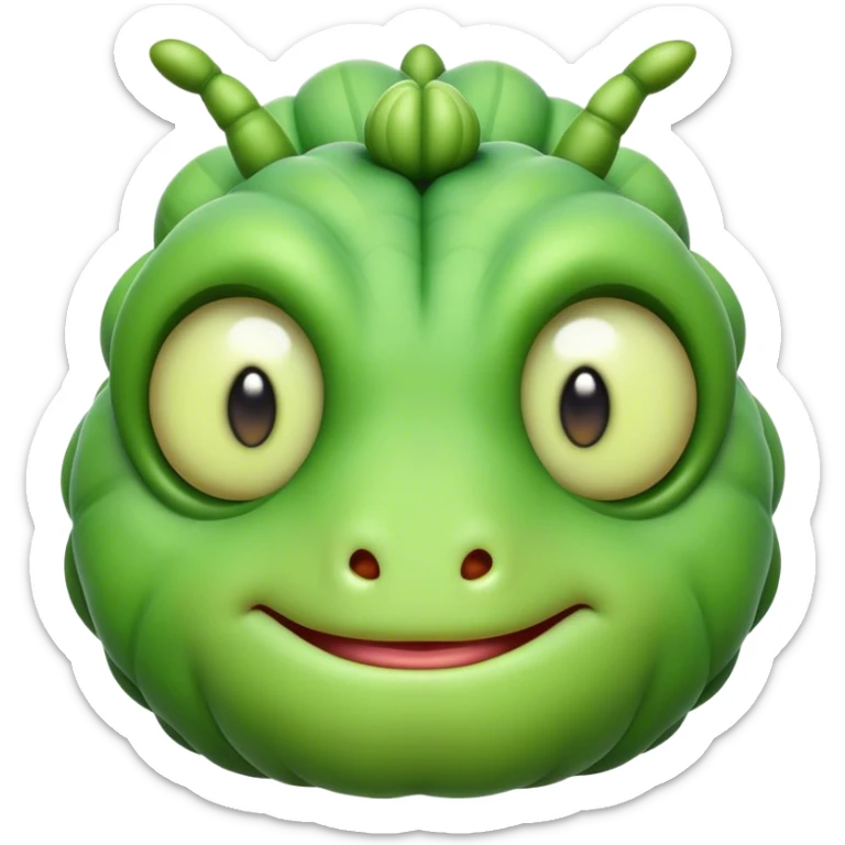 Cinematic Realistic Noble Caterpillar Portrait Emoji, Poised and serene, with a slender, segmented body covered in vivid, detailed green scales accented by subtle natural patterns, and a tiny, focused face with delicate, inquisitive eyes, rendered with lifelike texture and soft natural lighting, high shine, intelligent and delicate, styled with an air of woodland elegance, focused and attentive, soft glowing outline, capturing the essence of a watchful and confident looper caterpillar that appears ready to inch gracefully out of the screen with natural authority! sticker